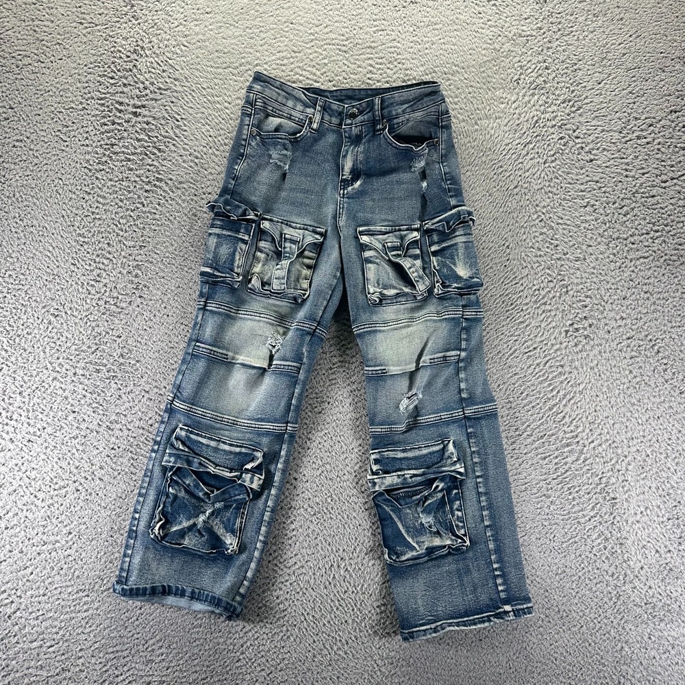 Rockstar Jeans Girl 10 Blue Cotton Denim Straight Faded Baggy Distressed Stretch